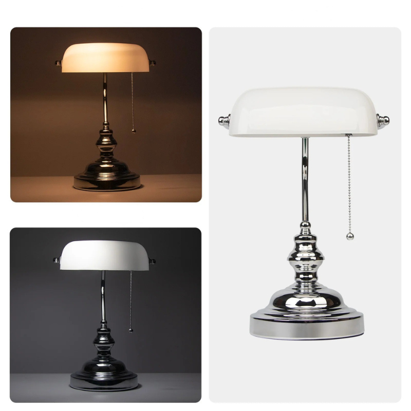 Lampe de bureau de banquier en verre blanc