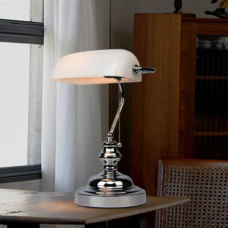 Lampe de bureau de banquier en verre blanc